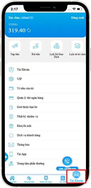 BƯỚC 1: Truy cập trang chủ >> Chọn Tài khoản